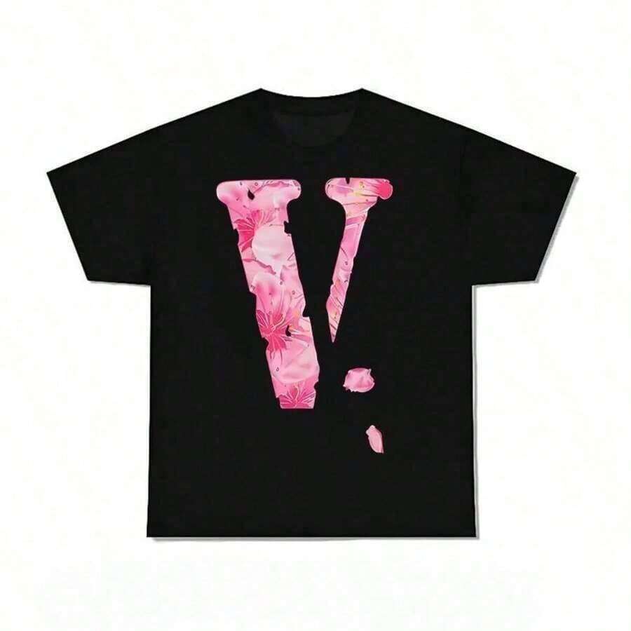 Unisex Y2k-stil Kortärmad T-shirt med V-tryck, Sommartopp för Män, Rund Hals, Anpassad Lös Passform, Maskintvättbar, Högkvalitativa Grafiska T-shirts - Svart - Visa 1