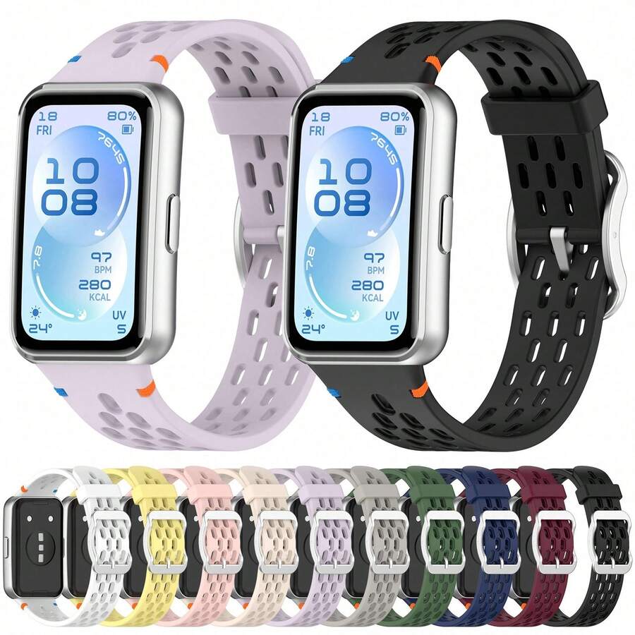 Compatible With Huawei Band 11/11 Pro Perforated Silicone Watch Strap Stitched Sliding Buckle Durable Sweatproof Comfortable Soft Sport Wrist Band - Multicolor - View 1