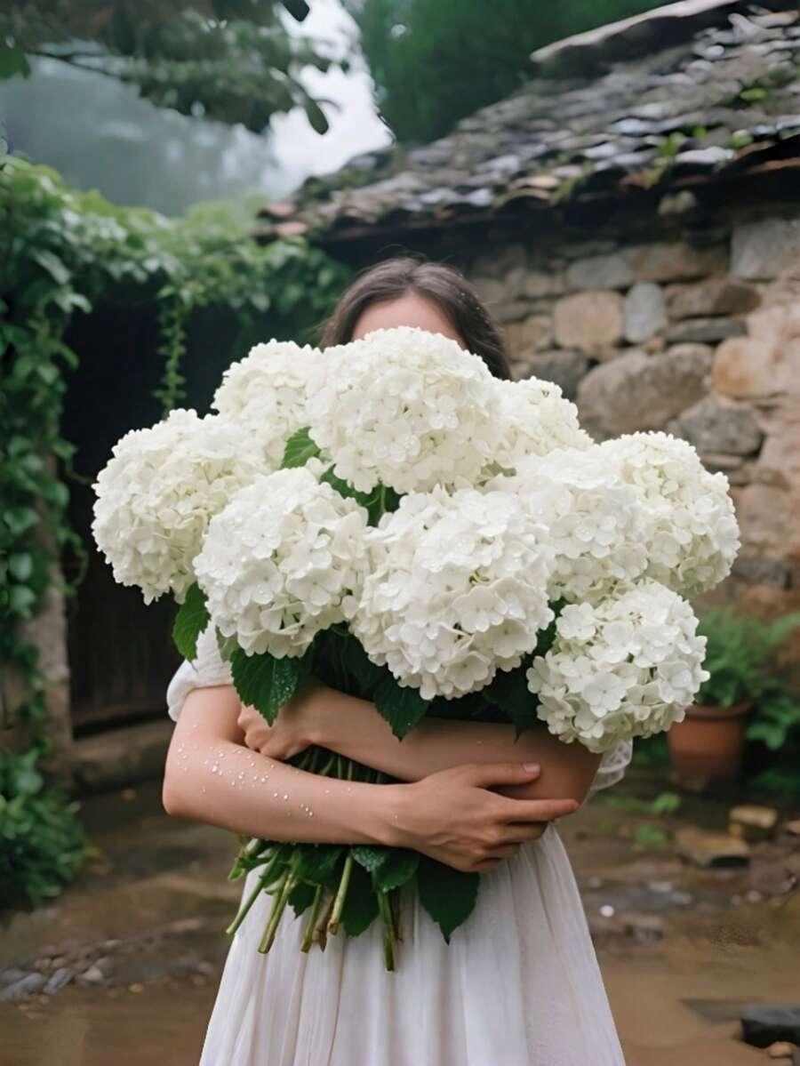 3pcs Set Artificial White Hydrangea Flowers - Home Decor Artificial Flowers - UV Resistant Plastic Vines, Suitable For Wedding, Garden, Porch And Yard Decoration - Durable Indoor/Outdoor Home Decor, With Realistic Green Leaves, Wedding, Home Garden Party Wedding Decoration Outdoor Decoration High Orange Fluffy Chrysanthemum Artificial Rose, Autumn Decoration, Halloween Decoration - White - View 1
