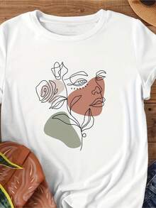 Sommar Toppar Dam 2026 G7343 [2024 New Style Line Floral Face Print T-Shirt] Addio Al Nubilato - White - View 7