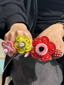 Colorful Embroidered Flower Beaded Button Dopamine Flower Resin Ring, Harajuku Creative Y2K Decorative Ring, Cosplay Ring - Multicolor - View 6