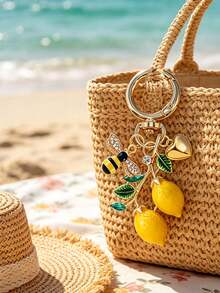 Handmade Enamel Lemon Pendant With Bee And Heart Elements - Bohemian Vacation Style. Enamel And Resin Casting, Rhinestone Inlaid, Italian Lemon Jewelry, Refreshing Alloy Pendant, Hawaiian Style. Suitable For Backpack, Wallet Decoration - Multicolor - View 2