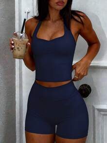 GAOVOT Damen Sexy Spaghetti-Träger Tanktop und High-Waist Shorts 2-teiliges Set, geeignet für Sport, Fitness, Laufen, Yoga im Sommer - marineblau - Übersicht 6