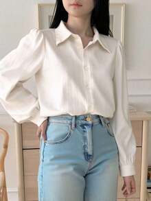 Blusa suelta con cuello de solapa y pliegues de unicolor para mujer, verde oliva, para primavera/verano/otoño, ropa de mujer de manga larga - Blanco - Ver 1