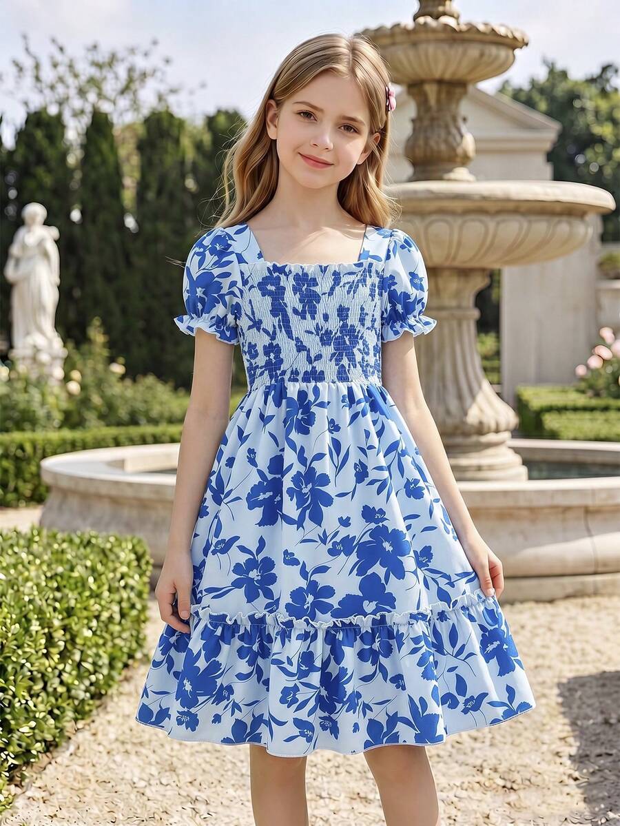 Vestido de niña con patrón de corazón dulce, mangas abullonadas, ribete de volantes y dobladillo con volantes, vestido de princesa para fiesta de verano, playa y vacaciones