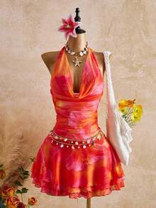 New Spring/Summer Women's Fashion Sexy Printed Dress - Plunging Neckline Design - Waist Cinching Ruched Design - Ruffle Hem Design - Vacation - Beach - Multicolor - View 3