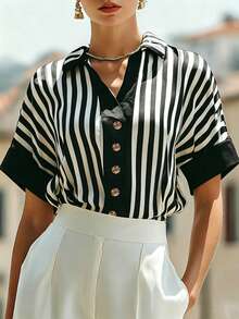 Elegant Commuter Style Striped Contrast Button Design Short Sleeve Blouse For Women, Spring/Summer - Black and White - View 1