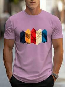 Men's Urban Style T-Shirt, Mountain Print, Colorful Abstract Art, Machine Washable, Casual For Daily Wear, Fitness And Outdoors | Sports And Casual T-Shirts - 粉紅色 - 查看 1