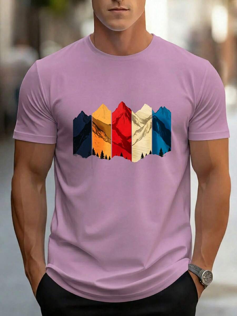 Men's Urban Style T-Shirt, Mountain Print, Colorful Abstract Art, Machine Washable, Casual For Daily Wear, Fitness And Outdoors | Sports And Casual T-Shirts - 粉紅色 - 查看 1