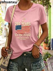 4th Of July Outfit WomenUSA 250th AnniversaryCommemorative Print Women's InspiredT-Shirt Short RoundNeckTopWhite LightweightY2K Short Sleeve Round Nec - 粉色 - 查看 3