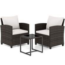 GOFLAME 3-Piece Garden Furniture Set PE Rattan Outdoor Bistro Conversation Set With Cushioned Sofa And Tempered Glass Coffee Table For Porch Balcony And Backyard - Beige - View 2