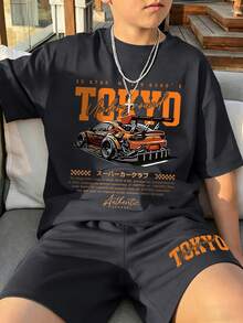 2pcs/Set Boys' Racing Theme Print Loose Top + Sports Shorts, Comfortable And Soft, Suitable For Summer And Sports - Dark Grey - View 2