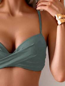 Maillot de bain bikini sexy et élégant de style bohème à bretelles spaghetti, couleur unie, ensemble deux pièces doux pour vacances à la plage en été - Gris - Voir 6