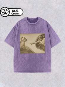 Plus-Size Women's Fun Washed Cotton Crew Neck Short Sleeve T-Shirt, Casual Ladies Top For Spring And Summer With Cat Print - Purple - View 1