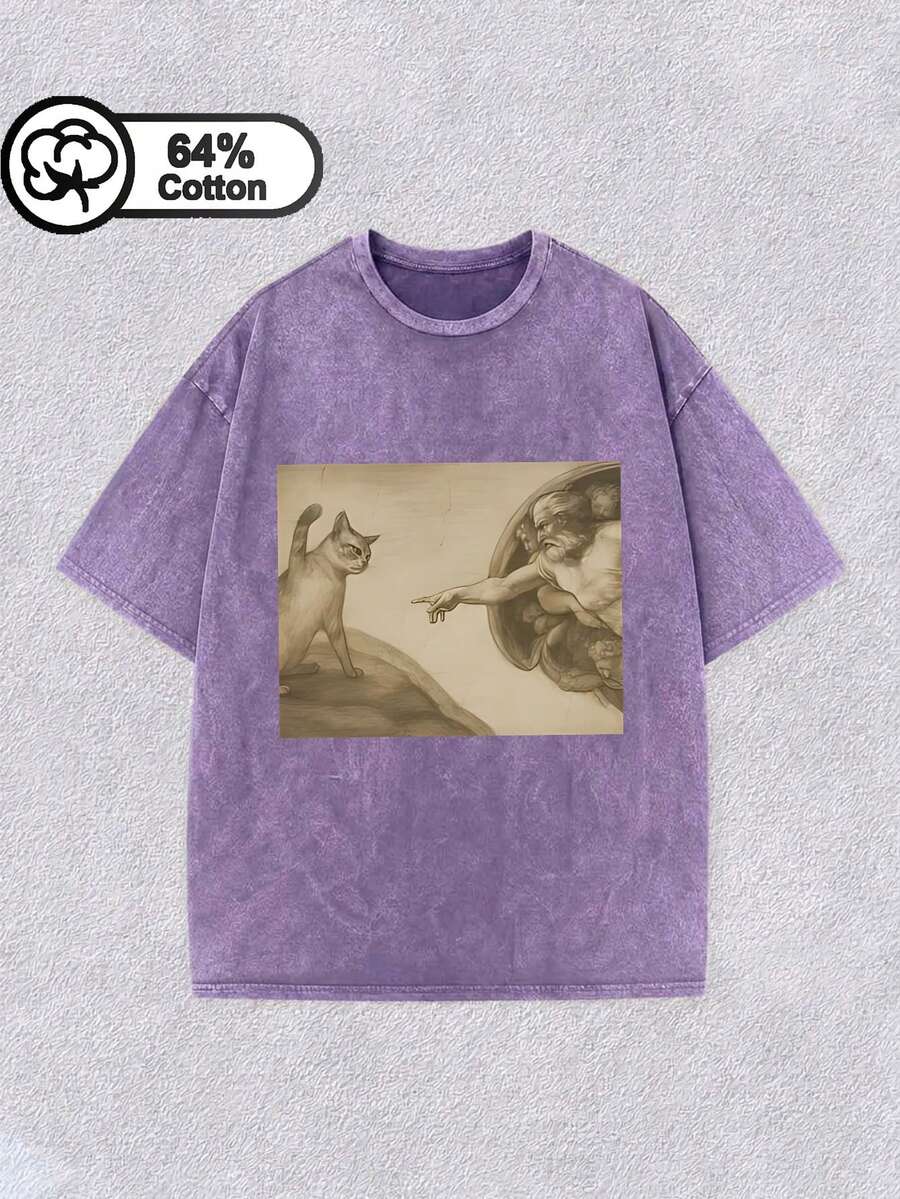 Plus-Size Women's Fun Washed Cotton Crew Neck Short Sleeve T-Shirt, Casual Ladies Top For Spring And Summer With Cat Print - Purple - View 1
