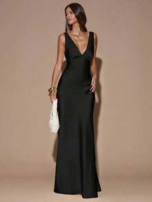 fsvsSHEIN  Vestido de tirantes con escote en V profundo y espalda descubierta, de unicolor amarillo/crema, de estilo minimalista y sexy, adecuado para fiestas, cócteles, ocasiones formales, dama de honor, cumpleaños, Navidad y casual de negociossdvs KE52 - Negro 3 - Ver 5