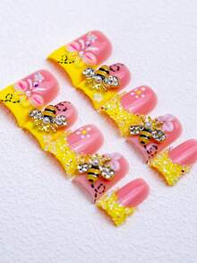Premium Y2K Handmade 3D Carved Butterfly, Bee French Tip Press On Nails, Butter Yellow Sugar Frosted Rhinestones, Metal Charm Nail Art Set Summer - 許多 - 查看 14