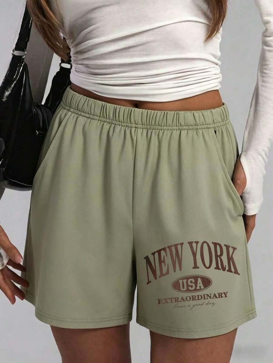New York Usa Extraordinary Print Milk Silk Shorts Women's Milk Silk Shorts- Y2K Style With Digital Print An Excellent Gift For Friends And Family Perfect For Easter Or As A Special Treat For Her - 橄欖綠 - 查看 1
