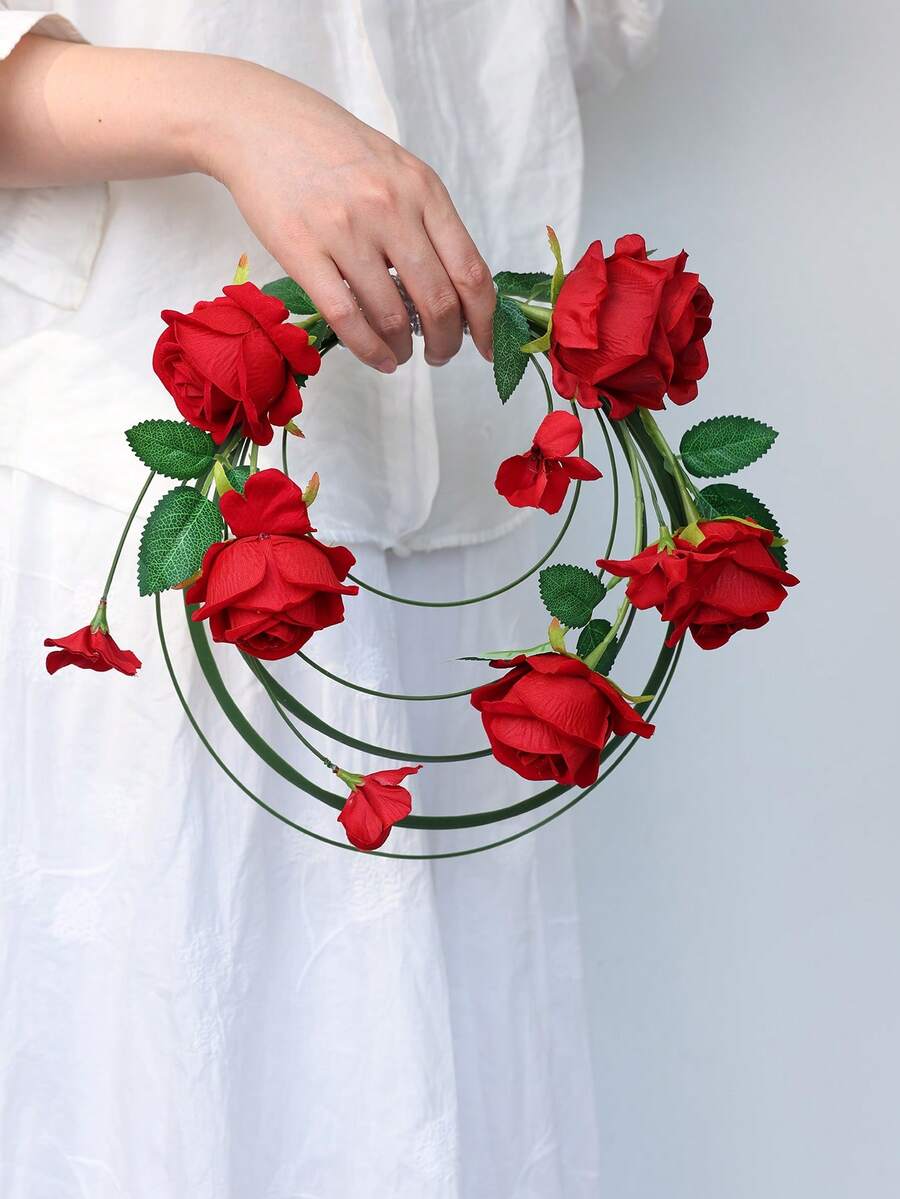 1pc Red Artificial Rose Multi-Layer Circular Handheld Wreath, Wedding Bridal Wreath, Suitable For Wedding, Bridal Party And Photo Props