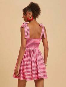 xheTravachic Vestido de verano de mujer con cuello cuadrado, sin mangas, con cintura ajustada y lazo delantero, en estampado floral. Conjunto de vacaciones para mujer, atuendos para vacaciones, atuendos de playa, conjuntos de verano para mujer, vestidos de verano para mujer, vestidos para mujer, vestido de veranoxhe - Rojo y blanco - Ver 2