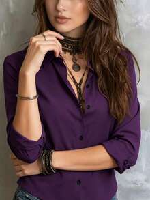 女款純色長袖襯衫，領口設計展現專業幹練氣質，舒適面料製成 - 紫色 - 查看 3