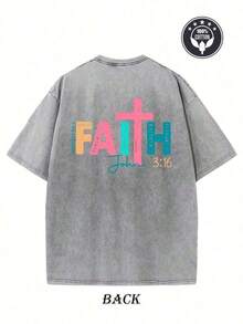 Vintage Graphic T-Shirts With Creative Pattern, "Faith" Washed T-Shirt With Double-Sided Print, 230g Heavyweight Pure Cotton, Washed T-Shirt, Drop Shoulder T-Shirt, Men's Urban Vintage T-Shirt, Basic T-Shirt, Unisex Loose Hip-Hop Style Top, 100% Cotton Washed Vintage T-Shirt, Women's Summer Clothing, Graphic T-Shirts - 黑色 - 查看 11