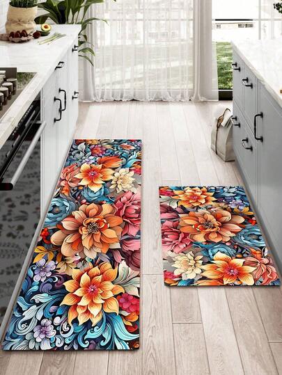 1pc Flower Rubber Anti-Slip And Oil-Proof Kitchen Mat, Simple Rectangular Waterproof And Dirt-Resistant Carpet, Suitable For Living Room, Bedroom, Corridor, Bathroom And Laundry Room Polyester Carpet, Suitable For Indoor And Outdoor Home Decoration.
