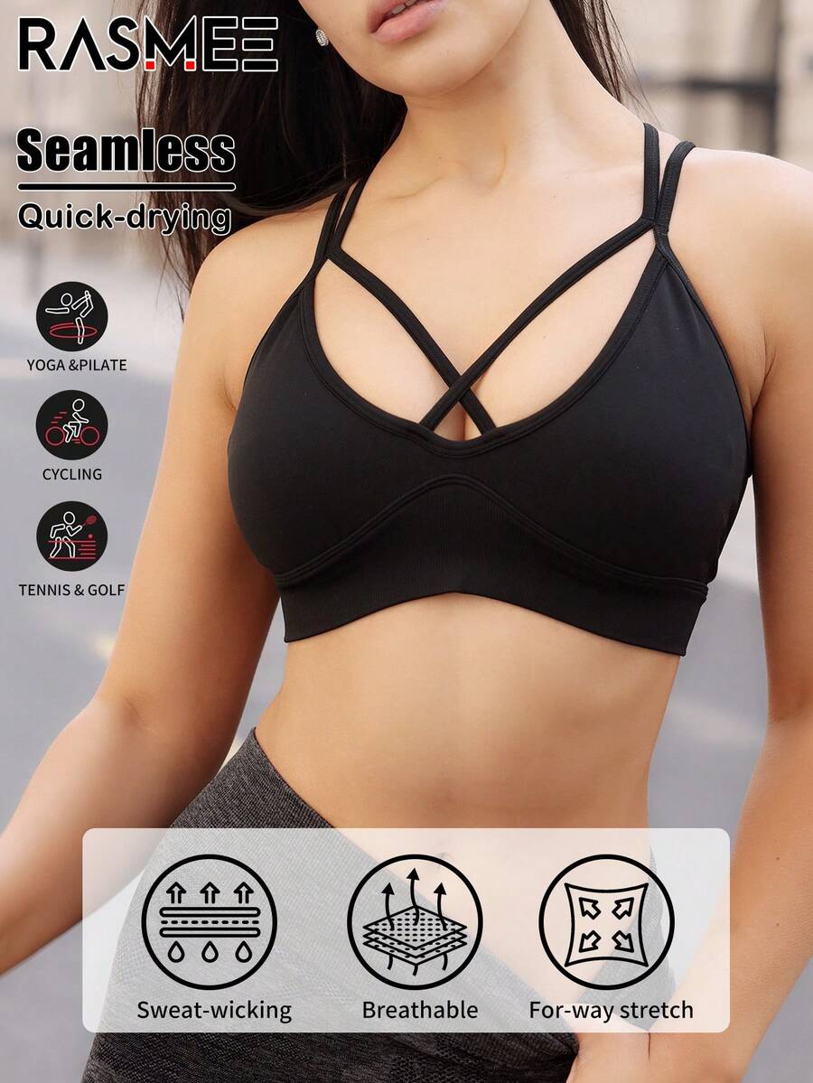 Solid Color Seamless High Stretch Cross Back Sports Bra Sport Women's Solid Color Halter Neck Everyday Fitness Sports Bra - Black - View 1