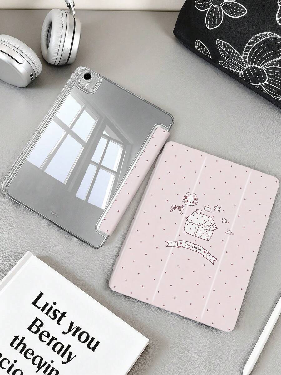 粉色波點兔子平板保護殼，相容 iPad Mini6/Mini7/Air/Air2/9.7/10.2/10.5/10.9 (Air4-Air8)/Pro 11/10th Gen/A16/Pro 11 2024，彩繪圖案平板殼，透明壓克力背殼，三折支架，自動休眠/喚醒，內建筆槽，不含筆，部分機型附相機框 - 彩色 - 查看 1
