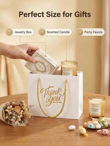 1/10入白色「THANK YOU」禮品袋，金色文字感謝禮品袋附手提把手，含蝴蝶結手提把手與白色紙袋，迷你禮品紙袋大包裝，適用於洗禮、生日、婚禮、派對、情人節禮盒及感謝場合 - 多色 - 查看 3
