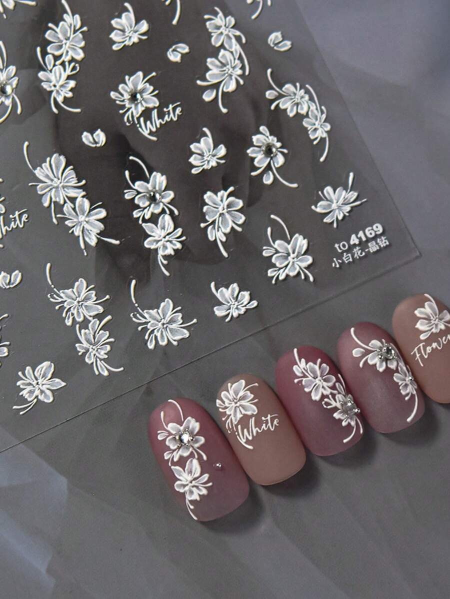 1pc 5D White Blooming Flower Bow Rhinestone Pearl 3D Embossed Nail Art Decor Stickers - White - View 1