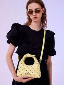 Fashionable Polka Dot Handbag, Women's Multi-Function Shoulder Crossbody Bag, Retro Bow Decor Drawstring Crescent Bag - Multicolor - View 5