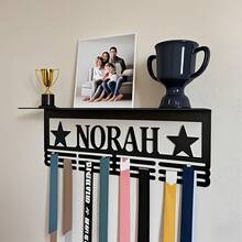 1pc Customized Metal Medal & Trophy Display Rack - Personalized Star Design With Name Logo, Easy To Install Home Wall Decor, 12 Hooks & Medal Shelf For Personal Honor Medals - Father's Day, Independence Day, Thanksgiving Gift, Unique Gift, Medal Hanger - Black - View 4