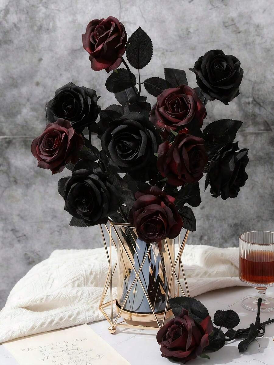 10 piezas Ramo de rosas artificiales con tallo negro, flores falsas, adecuado para el Día de San Valentín, jarrón de mesa de boda, decoración interior del hogar, cocina, decoración DIY estilo vampiro para fiestas - Multicolor - Ver 1