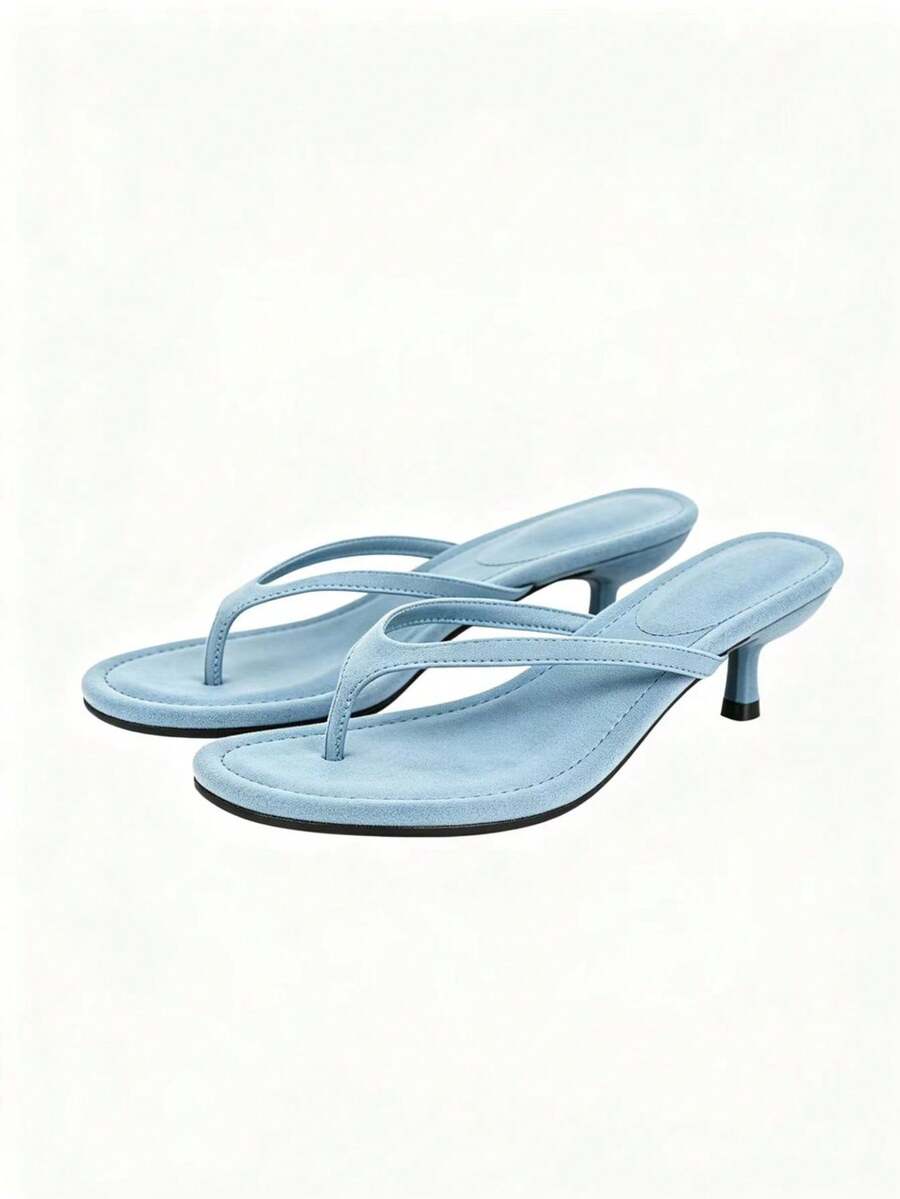 Light Blue Thong Sandals For Women, Elegant Kitten Heel Flip Flops, Suede Versatile Commuting & Holiday High Heel Sandals, Summer Shoes, Slippers - Baby Blue - View 1