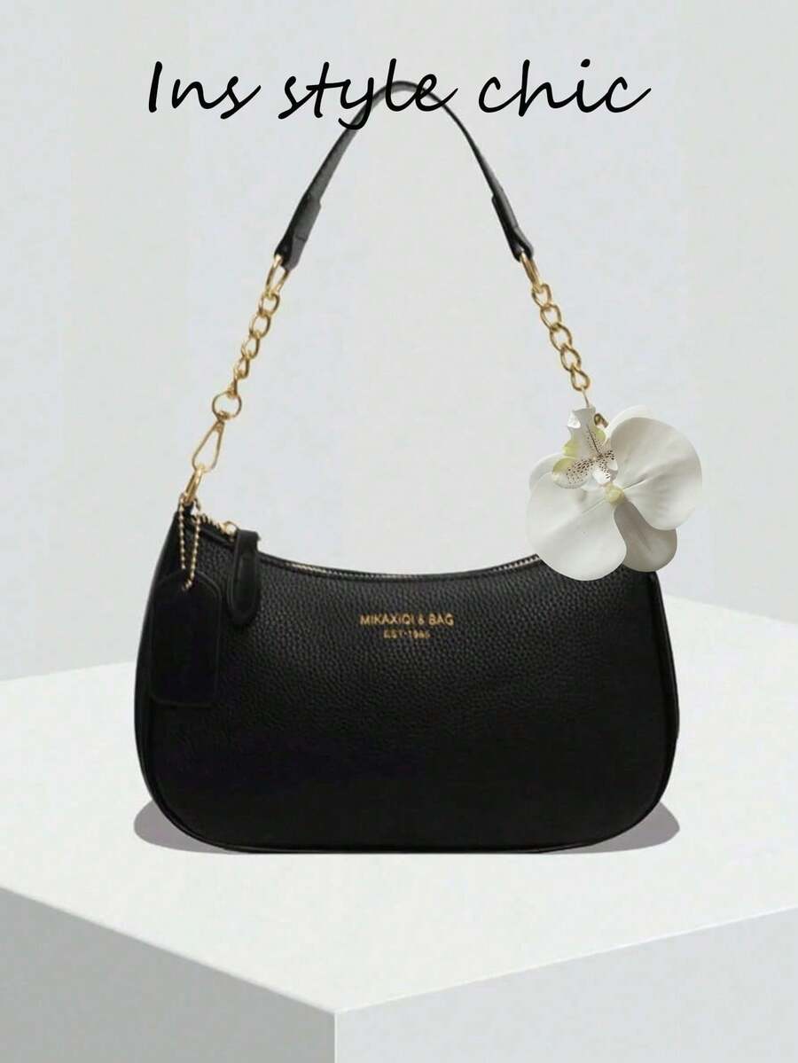 New Fashion Classic Wild Letter Pattern Decor Design Solid Color PU Waterproof Fabric Crescent Shoulder Bag Underarm Bag Suitable For Shopping Can Be Worn Crossbody - Black - View 1