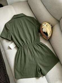 Mono de mujer con cuello en V y cintura ceñida, mono para vacaciones, mono holgado y casual de estilo cargo - Verde militar - Ver 2