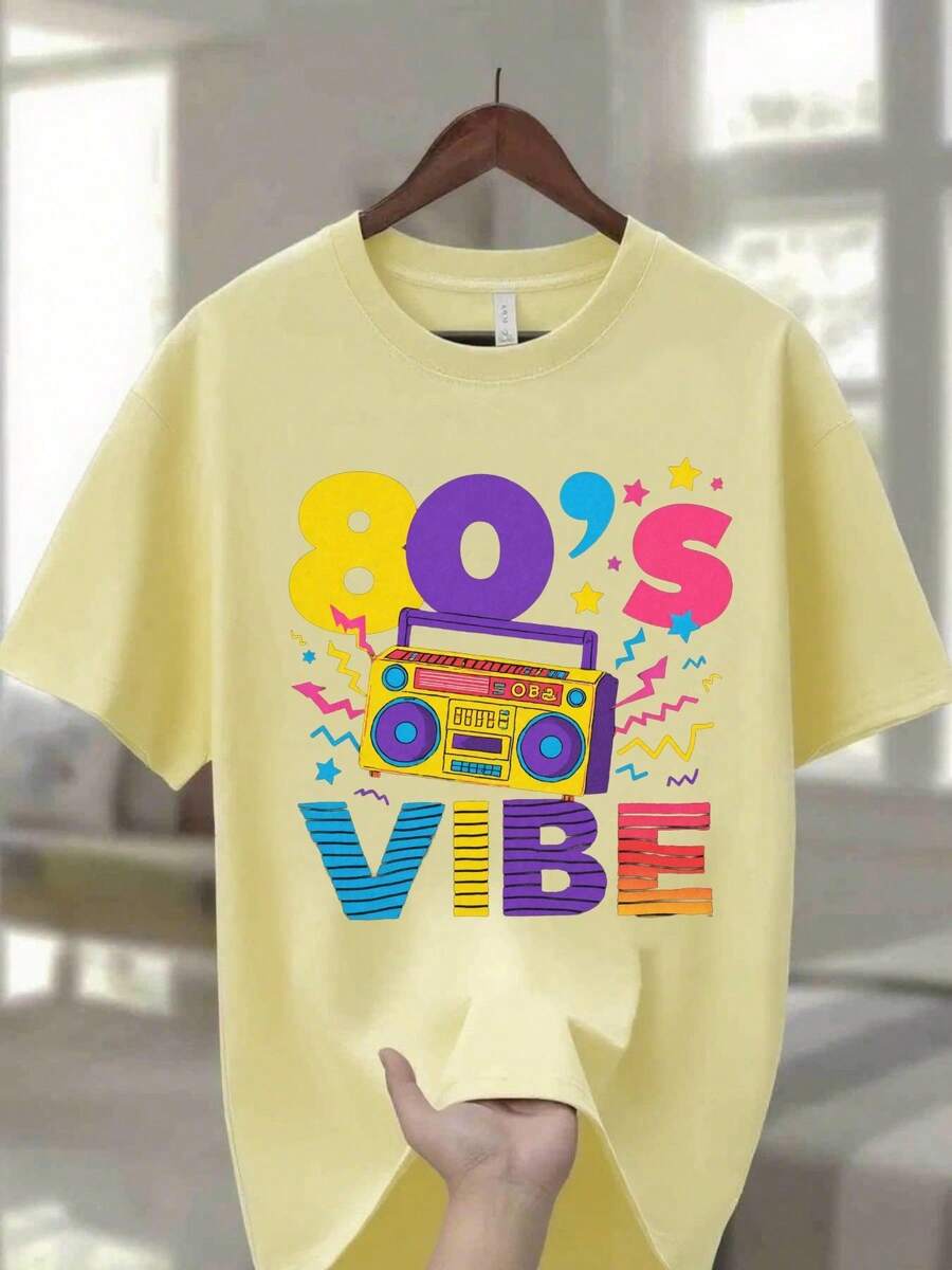 Men's Crew Neck T-Shirt, 100% Cotton, 220G, In Navy Blue, With A Vibrant Retro 80s Boombox Graphic With The Words 'FUNKY' And 'VIBE', Along With Fun Stars And Zigzag Patterns - An Ideal Gift For Men, Perfect For Casual Summer Wear. - 灰色 - 查看 1