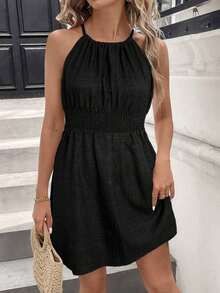 LUNE Vestido casual de mujer con textura de jacquard con cuello halter - Negro - Ver 6