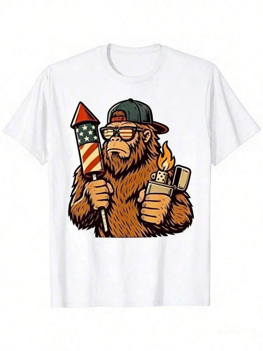 Camiseta Patriótica Divertida con Diseño de Bigfoot e Iluminación de Fuegos Artificiales para el 4 de Julio de EE. UU. - Blanco - Ver 1