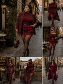 Elegance Checkered Skirt CHINE  WITHOUT BELT - Red - View 5