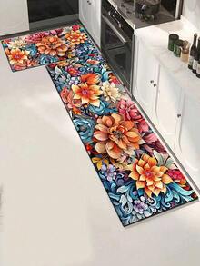 1pc Floral Pattern Non-Slip Oil-Proof Kitchen Mat, Simple Rectangular Waterproof Stain-Resistant Rug, Suitable For Living Room, Bedroom, Hallway, Bathroom And Laundry Room, Polyester Fiber Carpet For Indoor And Outdoor Home Decor - Multicolor - View 8
