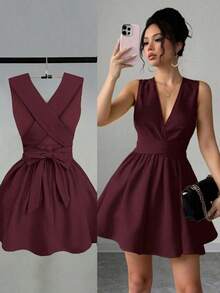 Vestido mini elegante y sexy para invitada de boda con cuello en V cruzado, sin mangas y corte evasé, diseño versátil para conciertos, playa, fiestas, primavera/verano, con bolsillos, vestido de noche con espalda descubierta de color amarillo mantequilla - Burdeos - Ver 8