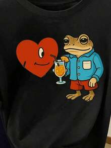 DtMF Funny Frog Print, Women's Fitted T-Shirt, Summer Top, K-Series, Cotton Tops, Women's Clothing, Women's Summer Clothing, Knitwear, Party Outfits, Women's Plus Size Clothing, Women's Scoop Neck Loose Tops In Plus Size, Best Friend Outfits, Vacation Wear, Casual Activewear, Dressy Tops, Women's Sportswear, Women's Tops, Women's Promotional Clothing, Unisex Style, Teen Clothing, Basic T-Shirt, Women's Summer Clothing, Soft And Comfortable, Y2K Style, Spring, Summer, Valentine's, Carnival, Party, Beach, Wedding, Gym, Elegant, Vacation, Casual, Formal, Luxury, Carnival, Summer Outfit Women - Black - View 3