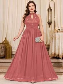 Đầm dạ hội size lớn cổ yếm đính sequin ren hoa nhún eo phối voan chiffon, đầm dạ hội, đầm dự tiệc cưới, cho sinh nhật, lễ tốt nghiệp - Bụi hồng - Xem 5