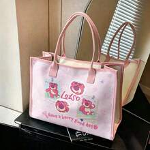 Miniso Túi Tote Toy Story Lotso - Túi đeo vai bằng vải canvas in chữ "Have A Berry Good Day", túi xách dung tích lớn dùng cho đi làm, đi học, du lịch & mua sắm - Hồng - Xem 4