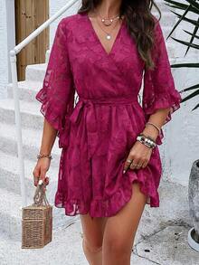 aVestido corto con volantes estampado PoPoHouse, vestido ligero con mangas acampanadas y cinturilla para mujer, elegante vestido corto para vacaciones y playa en primavera y verano - Burdeos - Ver 4
