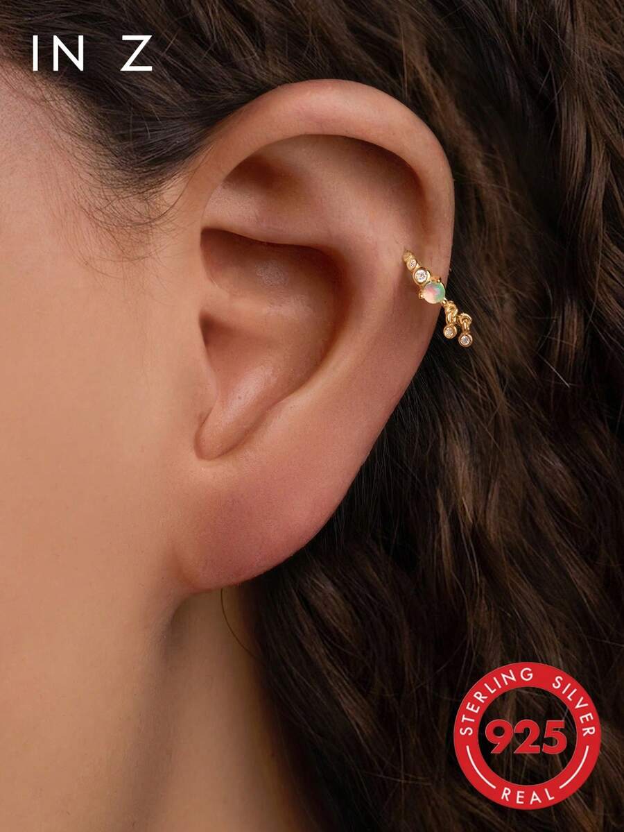 IN Z 1pc 925 Sterling Silver Natural Opal Tassel Pendant Flat Back Lip Stud Earring | Mini Stud Earring | Stackable Earring | Natural Opal Earring | 925 Sterling Silver Jewelry | Suitable For Women's Daily Wear | Sold Individually (Not A Pair) - Multicolor - View 1