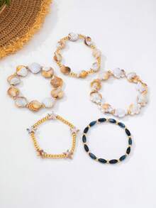 5 cái/Bộ Vòng tay Bohemian Đại dương nhiều lớp mùa hè, Vòng tay co giãn với các yếu tố Sao biển, Rùa, Vỏ sò, Phụ kiện thời trang cho khu nghỉ dưỡng bãi biển & mặc hàng ngày cho nữ - Bộ vòng tay Ocean Bosey - Xem 5