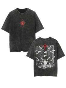 Men's Short-Sleeved T-Shirt, Lovingly Handmade In Dark Gray, Featuring An Occult Cross Print And Mystical Symbols, Washed To Give It A Faded Look. Women's Summer Clothing, Women's Vacation Outfits, Summer Wear. - 黑色 - 查看 8
